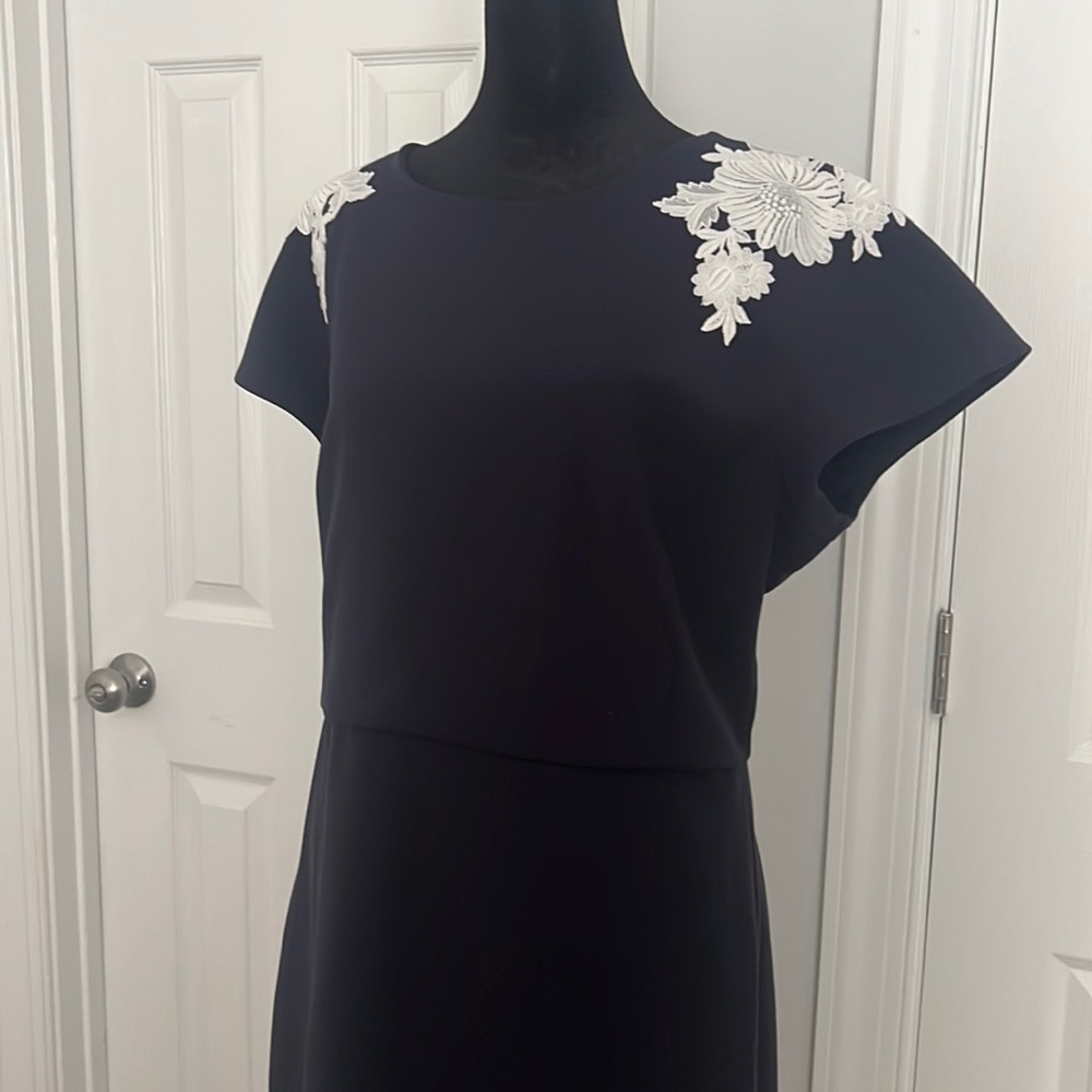 Blue dress with white floral detail on shoulder - Anne Taylor